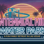 Illustration of Centennial Hills Water Park with neon text, a waterslide, and a sunset backdrop with palm trees.