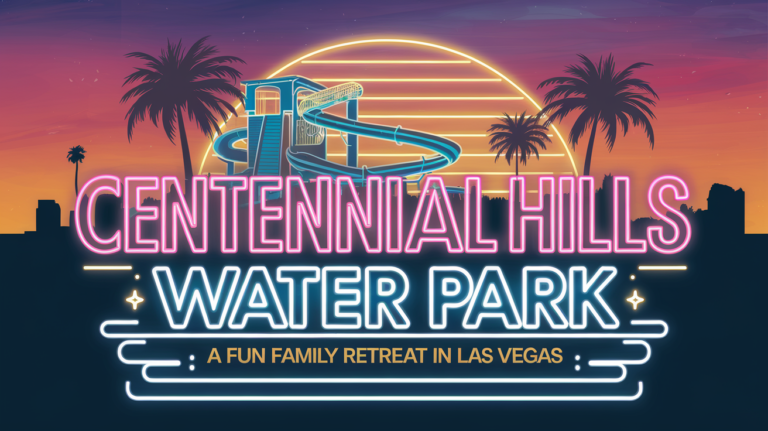 Illustration of Centennial Hills Water Park with neon text, a waterslide, and a sunset backdrop with palm trees.