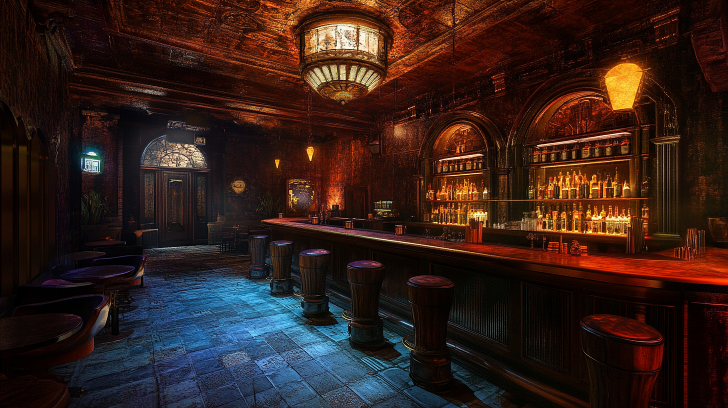 Interior of a vintage-style speakeasy bar with wooden stools, a chandelier, and an illuminated back bar.