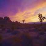 Vibrant sunset over Joshua Tree National Park featuring dramatic rock formations and iconic Joshua trees silhouetted against a neon-hued sky