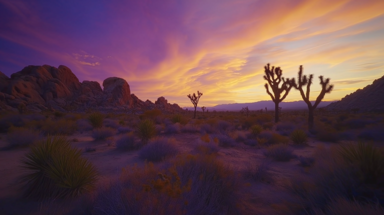 Vibrant sunset over Joshua Tree National Park featuring dramatic rock formations and iconic Joshua trees silhouetted against a neon-hued sky