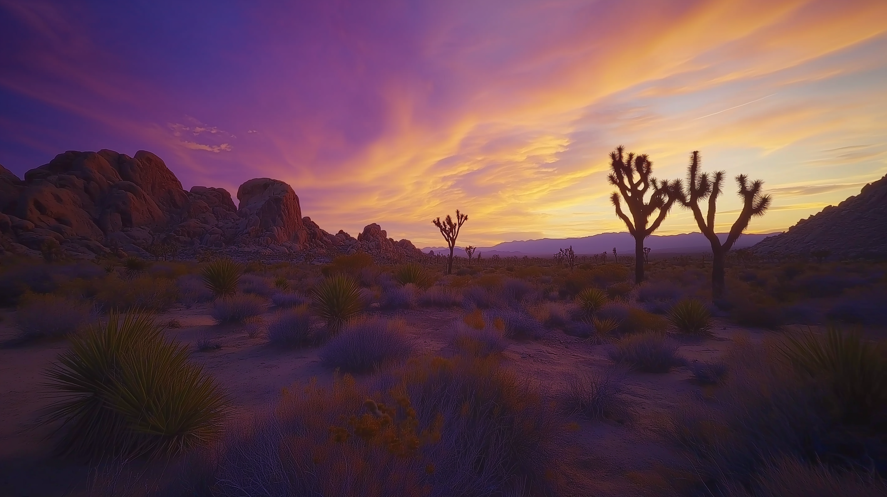 Vibrant sunset over Joshua Tree National Park featuring dramatic rock formations and iconic Joshua trees silhouetted against a neon-hued sky