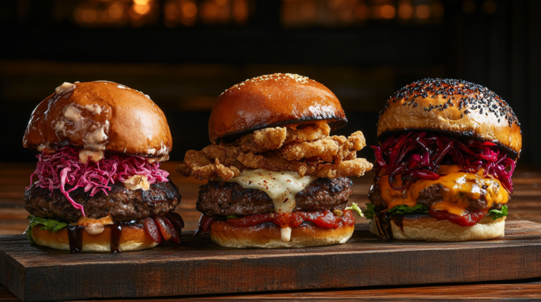 Gourmet burgers on a wooden board with unique toppings, including slaw, fried chicken, and melted cheese.