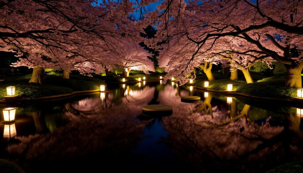 Evening illuminations at Rikugien Gardens showcasing Japan Cherry Blossom