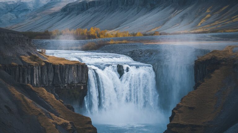 A stunning Icelandic waterfall cascading over dramatic cliffs, surrounded by rugged autumnal landscapes with mist rising into the cool, crisp air.